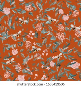 Branches of flowering trees vector illustration. Seamless pattern with bees, twigs, leaves and flowers on a orange tangerine background.