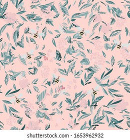 Branches of flowering trees vector illustration. Seamless pattern with bees, twigs, leaves and flowers on a beige pink background.