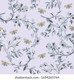 Branches of flowering trees vector illustration. Seamless pattern with bees, twigs, leaves and flowers on a lilac grey background.