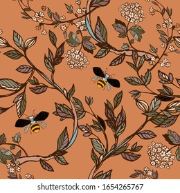 Branches of flowering trees vector illustration. Seamless pattern with bees, twigs, leaves and flowers on a orange, brown background.