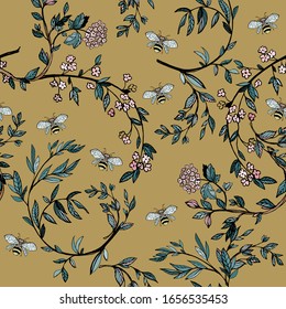 Branches of flowering trees vector illustration. Seamless pattern with bees, twigs, leaves and flowers on a sag ochre background.