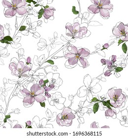 Branches with flowers apple blossom and green leaves on white background. Floral seamless pattern. Hand drawn. For textile, wallpapers, print, wrapping paper. Vector stock illustration.