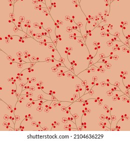 Branches with flowers and berries on a beige background. Sakura in bloom. For wallpapers, backgrounds and textiles.