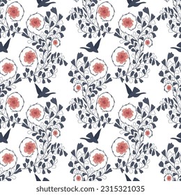 Branches of flowers and birds. Seamless pattern. Vector illustration