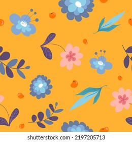 Branches and flowers in blossom, spring and summer botany decoration and ornaments. Flora blooming, stems and twigs. Adornment seamless pattern or wallpaper textile fabric. Vector in flat style