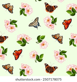 Branches with flowers and butterflies.Vector seamless pattern with colorful butterflies on rose hips.
