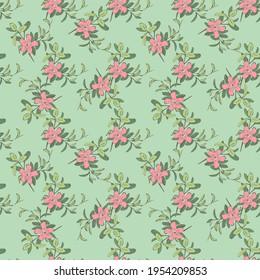 Ramas con dibujo de flores, florecimiento en colores rosados, patrón sin costuras florales, vector de fondo abstracto natural. Ilustración botánica de línea de diseño gráfico. Papel tapiz verde de moda