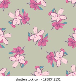 Branches with flowers drawing, bloom in pink colors, meadow floral seamless pattern, nature abstract background vector. Line art botanical illustration graphic design print. Trendy grey wallpaper