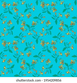 Verzweigungen mit Blumen zeichnen, Blüte in gelben Farben, nahtlose Blumenmuster, abstrakter Naturhintergrund, Vektorgrafik. Botanische Illustrationsgrafik Design Druck, Stoff. Trendblaue Tapete