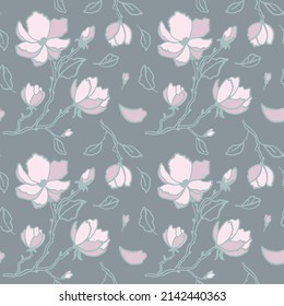 Branches with  flowers. Flowering time. Rosas. Seamless pattern on pastel colors.