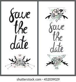 Branches, flowers and horns on the background of the triangles. Natural elements isolated on white background. Vector illustration for invitations, greeting cards, or print on clothes.