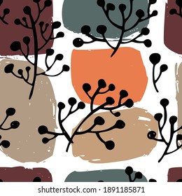 Ramas con follaje, fondo o impresión textil con formas y flora abstractas de pincel colorido. Decoración florida, diseño de moda y de época. Patrón sin fisuras de papel tapiz, vector de estilo plano