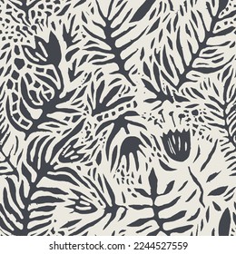 Branches and foliage leaves, flowers and decorative botany ornament. Monochrome design, motif for background or wrapping. Twigs and shrubs, bushes patterns. Vector in flat style illustration