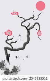 Branches and fowers are featured in a Chinese zen style illustration.