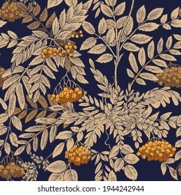 Branches and fruits of mountain ash. Seamless pattern for wallpaper and fabric. Background illustration. Hand drawing outline. Flowering of garden plants. Abstract plant picture. Vector