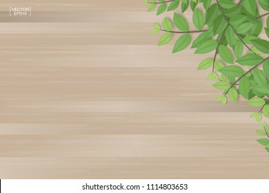 Branches of green leaves on brown wood texture background. Vector illustration.