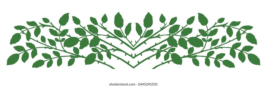 Branches, green leaves, silhouette, border decorative, symmetry, vector illustration isolated on white 