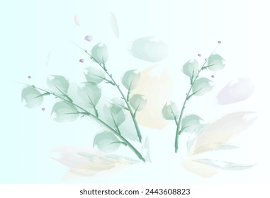 Branches with green petals with a watercolor brush. Spring concept. Vector illustration isolated on a light background.