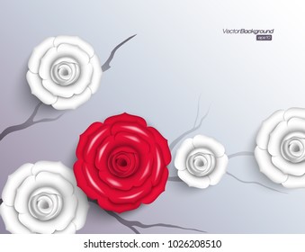 Branches of greyscale white rose flowers with a unique red rose