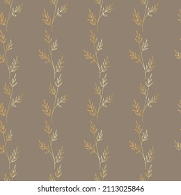 Branches hand drawn, seamless pattern, botanical ornament, line vector illustration, golden herbs on brown background.