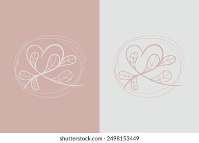 Branches with heart shape flowers. Hand drawn hearts with stems and leaves. Vector illustration for Valentine's day. Simple plants elements.