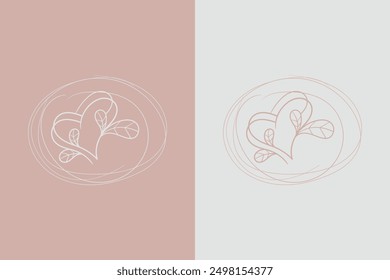 Branches with heart shape flowers. Hand drawn hearts with stems and leaves. Vector illustration for Valentine's day. Simple plants elements.