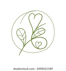 Ramas con flores en forma de corazón. Corazones dibujados a mano con subgrupos y hojas. Ilustración vectorial para el día de San Valentín. Plantas simples Elementos.
