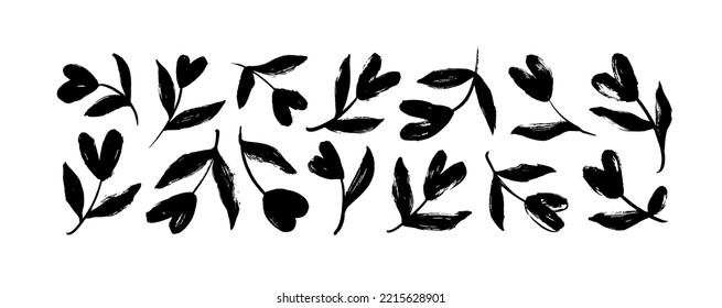 Branches with heart shape flowers isolated on white background. Brush drawn hearts with stems and leaves. Vector black ink illustration for Valentine's day. Simple plants elements.