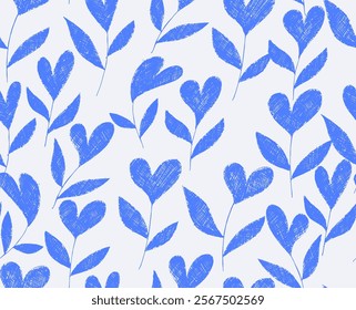 Branches with heart shape flowers. Pencil drawings isolated on white. Charcoal doodle drawn hearts with stems and leaves. Vector blue ink illustration for Valentine's day. Simple plants elements.