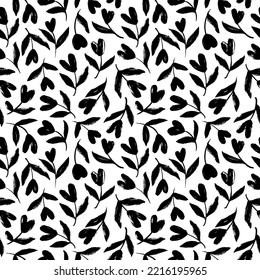 Branches with heart shape flowers seamless pattern. Brush drawn hearts with stems and leaves ornament. Vector black ink illustration for Valentine's day. Simple repeating texture with chaotic plants.