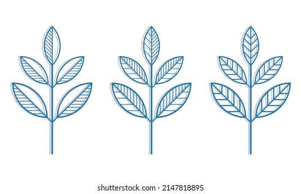 Branches icons vector set. Contour line leaves illustration isolated on white. Floral design element for print, background, banner or card. Ecology symbol, environment concept, eco sign or logo.