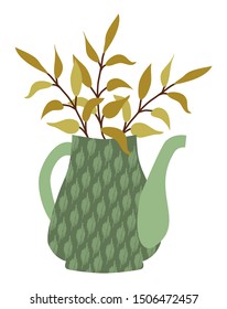 Branches in kettle hand drawn vector flat illustration. Twigs with autumn leaves in teapot isolated on white background. Image for design