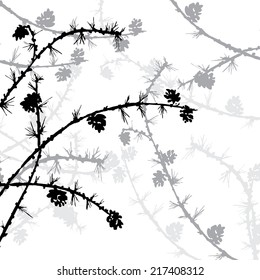 branches of larch with needles and pine cones, silhouettes forest,  hand drawn vector illustration