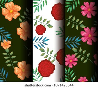 branches with leafs decorative set patterns