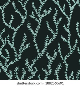 Branches with leaves, algae, water plant vector seamless pattern. Delicate, light floral, herbs shapes background. Abstract texture  for wrapping, wallpaper, textile,  leaflet. Bright mosaic backdrop.