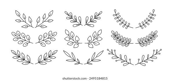 Branches with Leaves Award Vector Editable Stroke Collection. Doodle Decorative Design Element for Wedding Invitation Set.