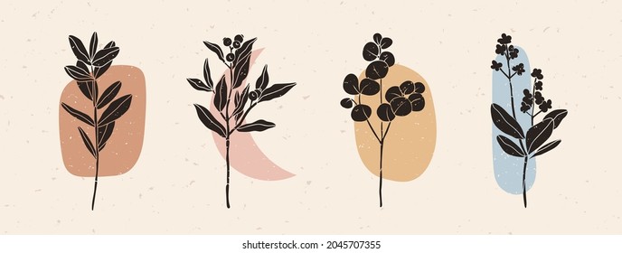 Branches with Leaves and Berries. Abstract modern elegant floral drawing. Hand drawn trendy Vector illustration. All elements are isolated. Perfect For your own decoration or design. Poster templates