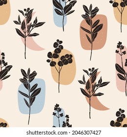 Branches with Leaves and Berries. Abstract modern elegant floral drawing. Hand drawn trendy Vector illustration. Square seamless Pattern. Poster, wallpaper, background template. Pastel colors