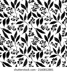 Branches with leaves and berries seamless pattern. Floral pattern in vintage style. Botanical ink illustration with rough edges elements. Vector botanical design for textile, wrapping paper, branding.