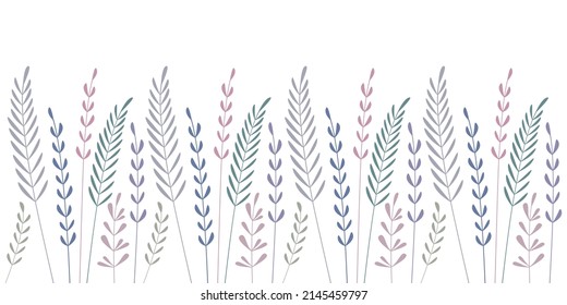 Branches and leaves border vector illustration. Floral pattern isolated on white for print, background, banner or card. Seamless botany backdrop.