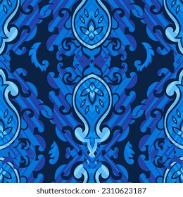 Branches with leaves and buds, blooming paisley adornment. Swirls of foliage and leafage, flowers in spring or summer art. Seamless pattern, wallpaper print or background. Vector in flat style