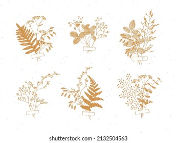 Branches and leaves are collected into a bouquet with sticker drawing in beige color on white background