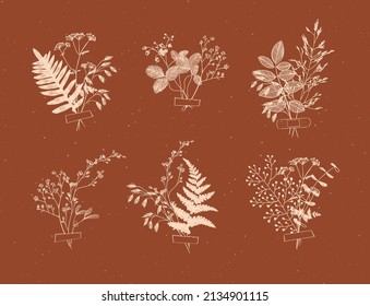 Branches and leaves are collected into a bouquet with sticker drawing in grey color on brown background