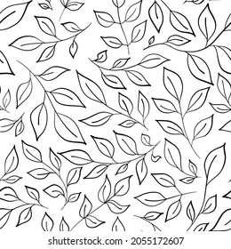 Branches of leaves of different shapes and sizes in a random arrangement. Seamless pattern. Vector illustration