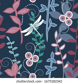 Branches leaves and dragonfly seamless pattern design
