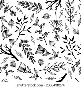 Branches with leaves and field herbs vector seamless pattern. Botanical sketch with flowers and twigs. Black and white concept for decoration and design of cards, printing, textiles.