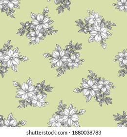 Ramas, hojas y flores. Dibujo manual. Grabado en negro, gráficos, arte de línea. Patrón ininterrumpido de época. Blanco y negro. Ilustración vectorial aislada.