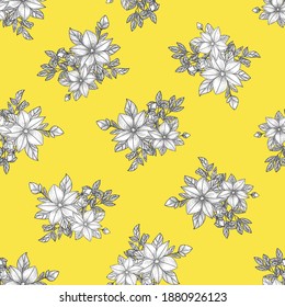 Branches, leaves and flowers. Hand drawing. Black engraving, graphics, line art. Vintage seamless pattern. Black and white. Isolated vector illustration.