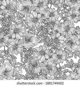 Branches, leaves and flowers. Hand drawing. Black engraving, graphics, line art. Vintage seamless pattern. Black and white. Isolated vector illustration.