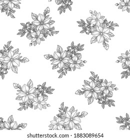 Branches, leaves and flowers. Hand drawing. Black engraving, graphics, line art. Vintage seamless pattern. Black and white. Isolated vector illustration.